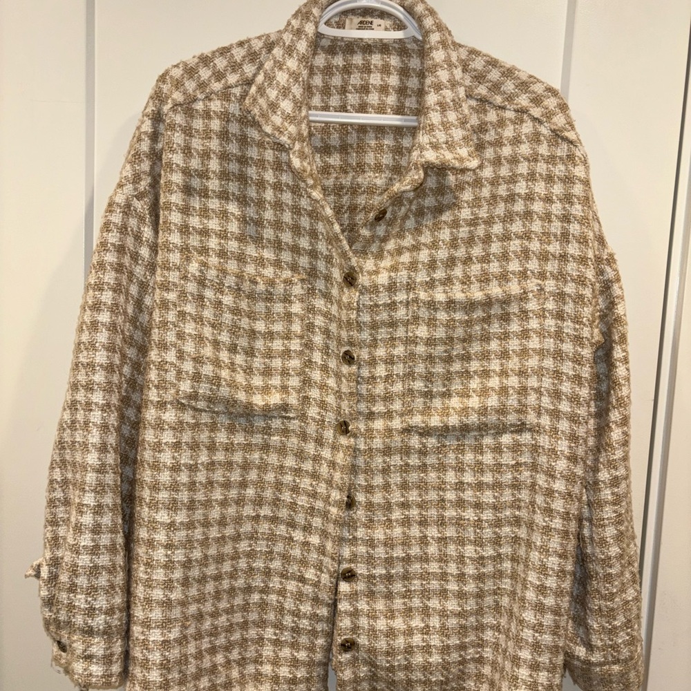 Brown and White Plaid Button-Up Jacket